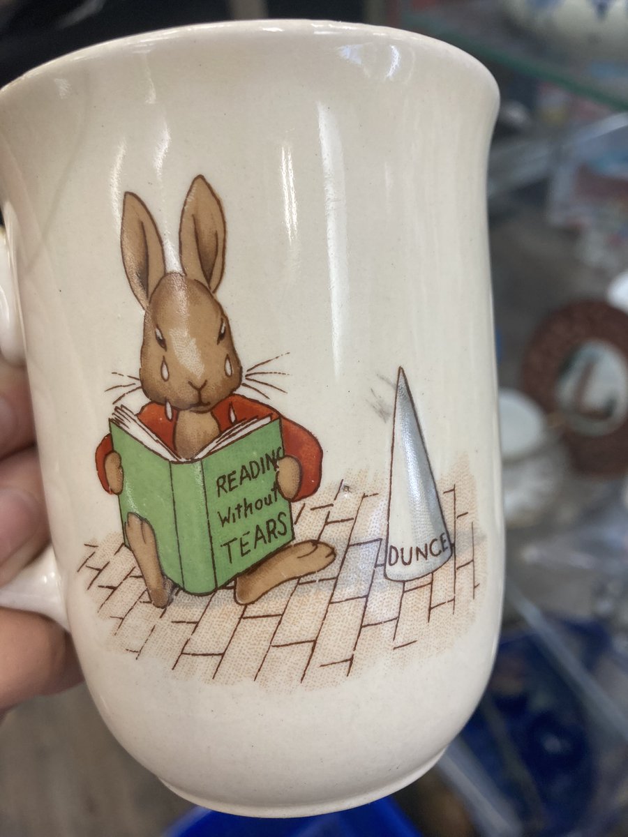 At $6.99, this Bunnykins mug is well-priced at my local thrift store….but what could you serve in it to a child except for a cup of cruelty?! 😢