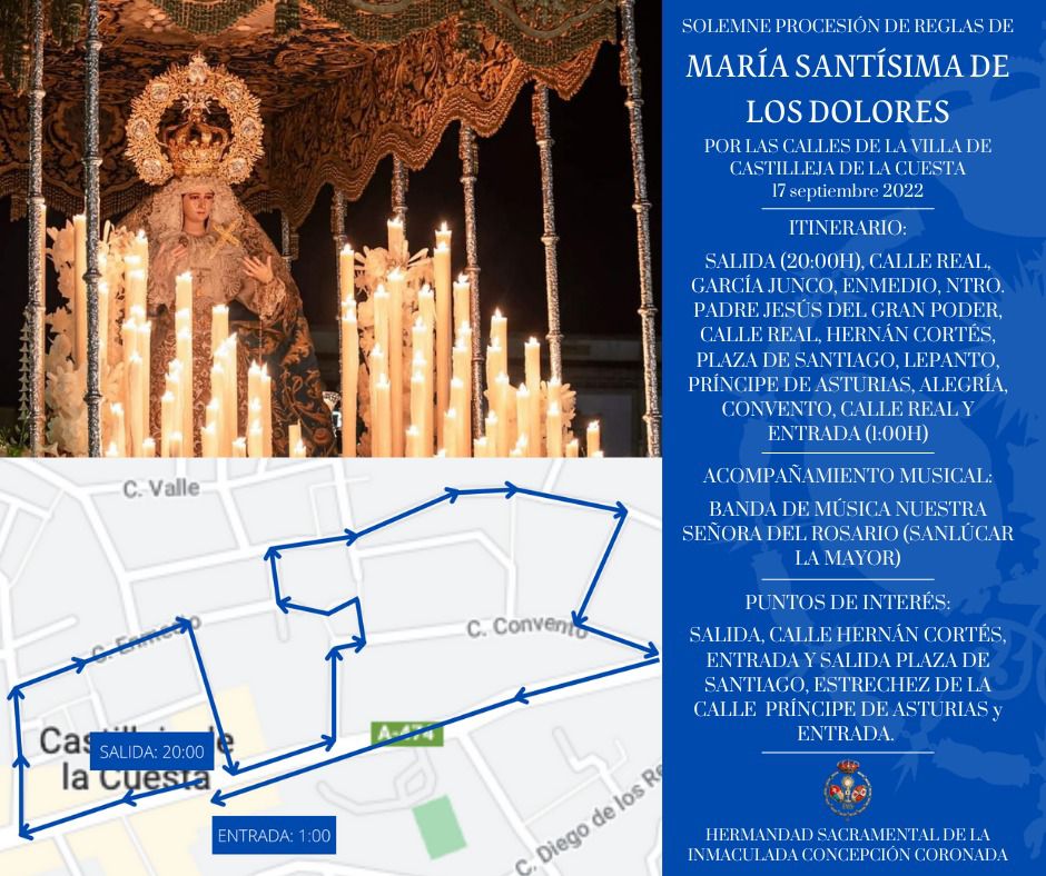 HdadCalleReal's tweet photo. 🔵Itinerario de la procesión triunfal de María Santísima de los Dolores.

A continuación, os mostramos el recorrido y los puntos de interés donde poder contemplar el discurrir del paso de Nuestra Señora de los Dolores el próximo 17 de septiembre.

#Castilleja #HermandadCalleReal https://t.co/JPQ6BnDkJn