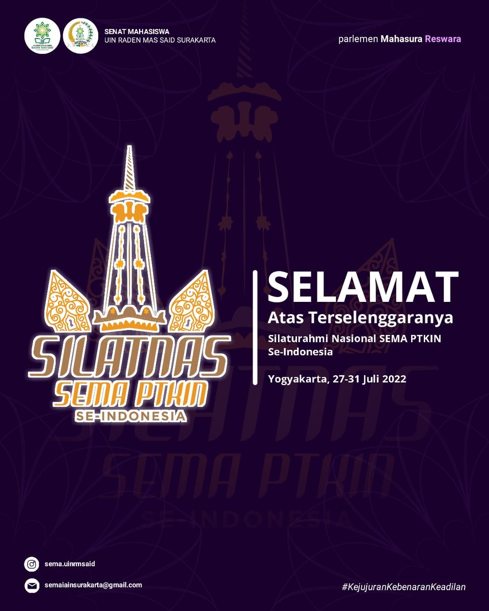 Kawan Sura!
Selamat atas terselenggaranya Silaturahmi Nasional Senat Mahasiswa PTKIN se-Indonesia di UIN Sunan Kalijaga Yogyakarta. Semoga melahirkan gagasan baru yang segar dan inovatif untuk kemajuan bangsa Indonesia.