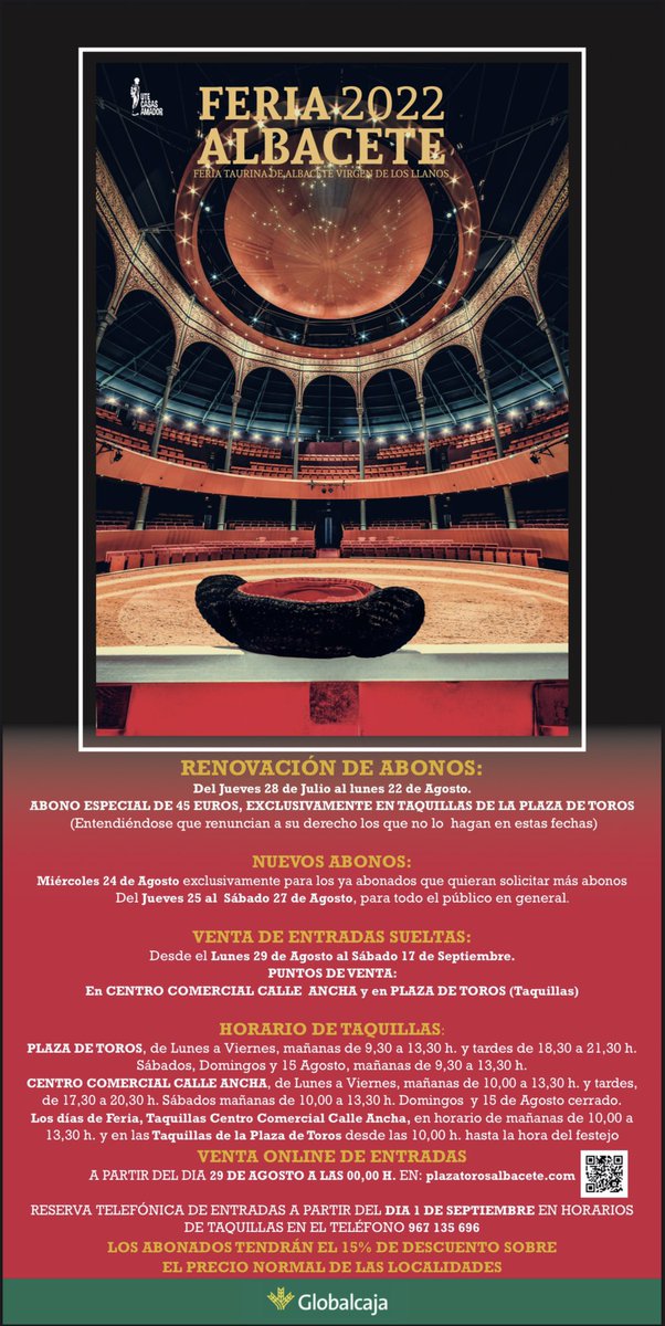 🔴 𝗜𝗡𝗜𝗖𝗜𝝠𝗗𝝝 𝗘𝗟 𝗣𝗘𝗥𝗜́𝝝𝗗𝝝 𝗗𝗘 𝗥𝗘𝗡𝝝𝗩𝝠𝗖𝗜𝝝́𝗡 𝗗𝗘 𝝠𝗕𝝝𝗡𝝝𝗦 

🔷 Desde hoy y hasta el próximo 22 de agosto 

📍 Taquillas de la plaza de toros de Albacete y en el Centro Comercial de la Calle Ancha 

Precios y más información: plazatorosalbacete.com