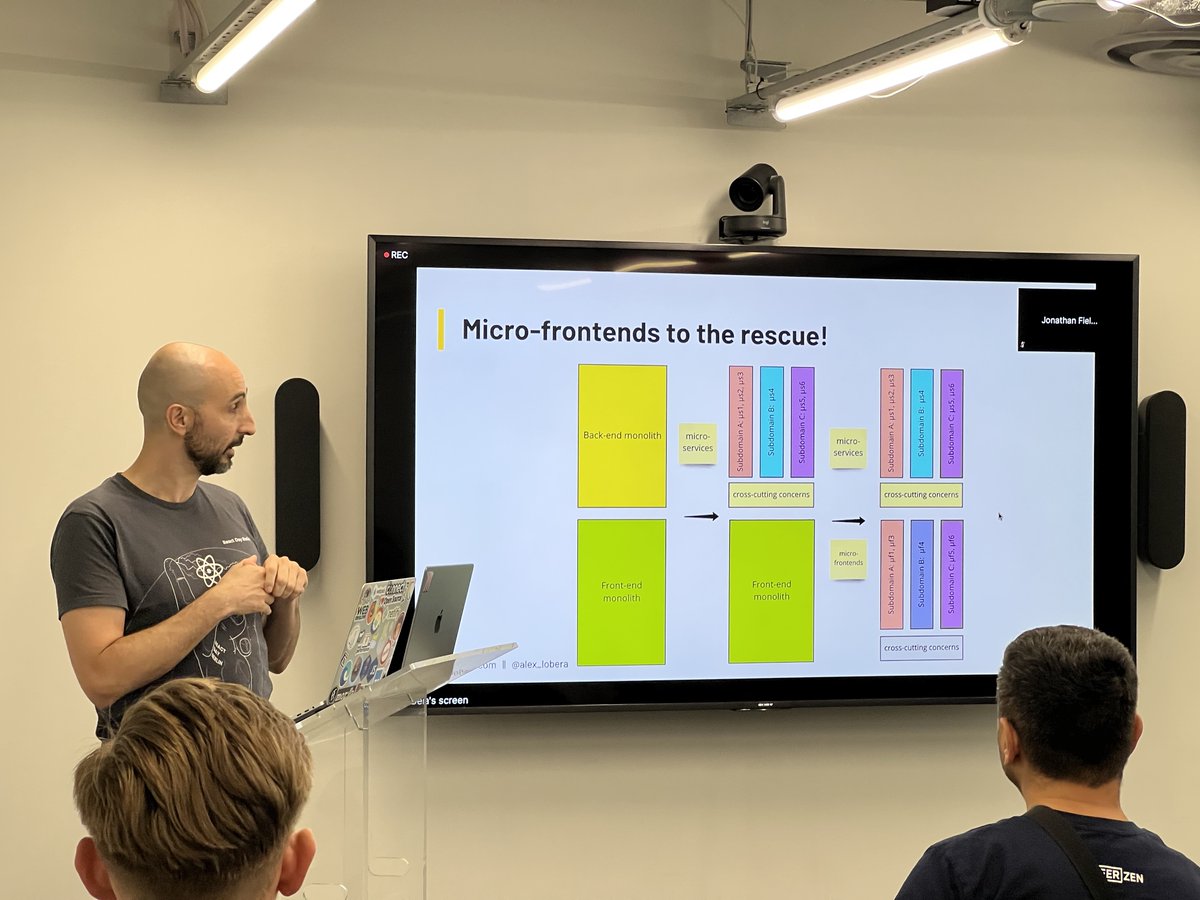 We loved @alex_lobera's talk on microfrontends, really interesting to learn about lean.js and how it makes it easier to use micro-frontends @jsmonthlylondon #programmedinpencil