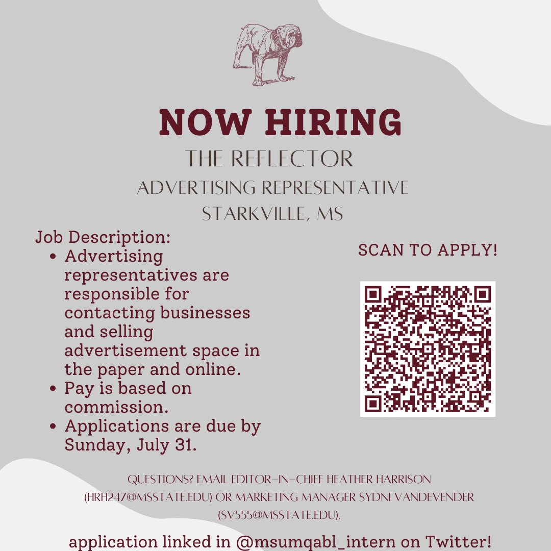 The Reflector is looking for an Advertising Representative! This is a commission based position - applications close on July 31st!