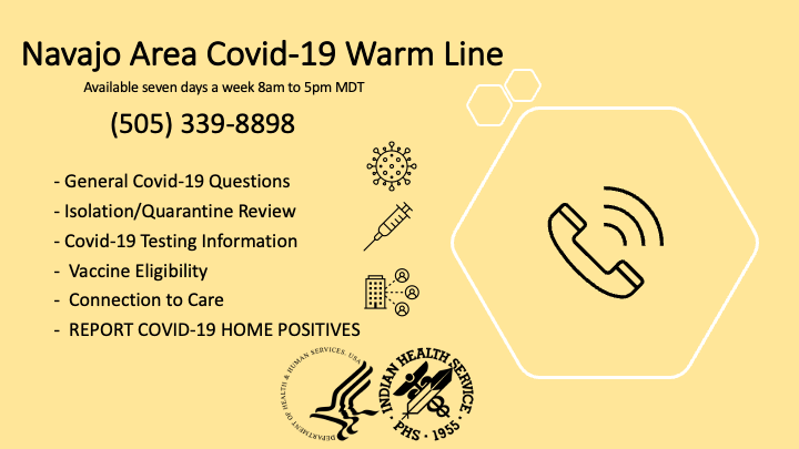 COPE_Program's tweet image. The Navajo Area COVID-19 Warm Line is available 7 days a week from 8am to 5pm MDT. (505)339-8898

This dedicated line will help assist any COVID-19 related concerns you may have like reporting a positive COVID-19 home test, connections to care and any general COVID-19 questions.