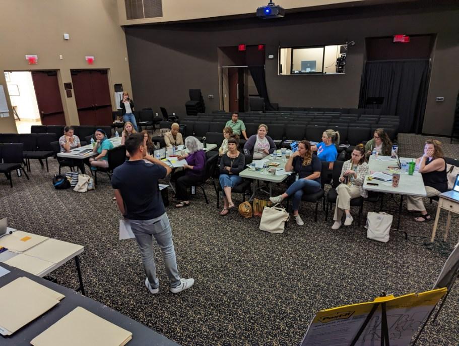 Skip_Pardee's tweet photo. Our amazing @collierschools #Theatre educators at work, diving into the standards, learning techniques from great presenters. Our kids are so lucky to have them! Ready for a great year! https://t.co/Ir17iJAAdR