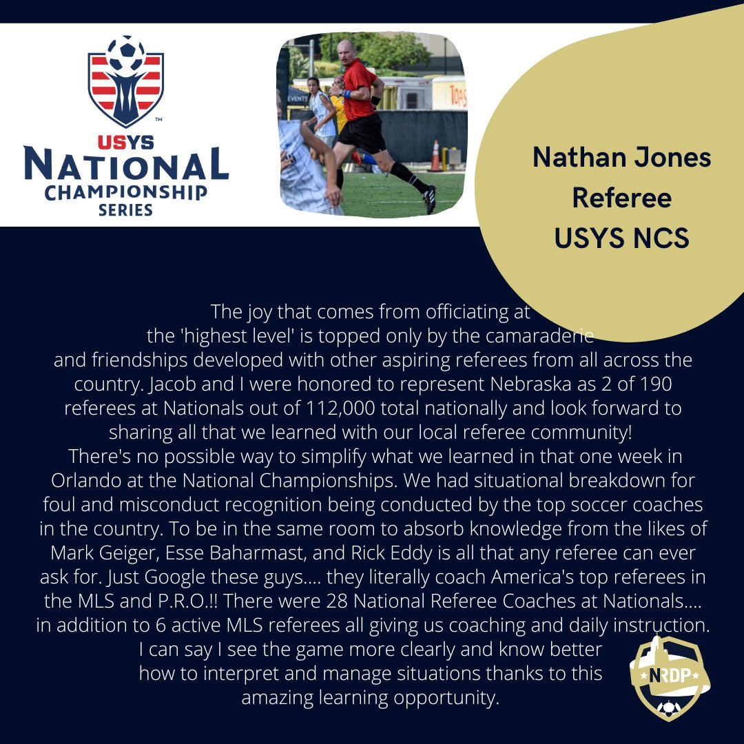 NRDP_Soccer's tweet photo. We are so proud of our 3 Nebraska referees that earned their spot at the recent @usyouthsoccer National events! A huge accomplishment for anyone to be chosen and something to aspire for- read a bit about their experience and what they took away from their time #nrdp #representNE https://t.co/VgHfJsqQUj