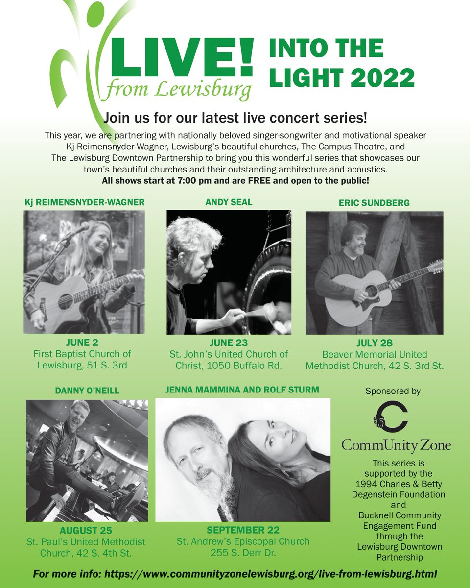 CommUnityZonePA's tweet image. As a reminder, tonight is our third INTO THE LIGHT concert, featuring ERIC SUNDBERG playing at BEAVER MEMORIAL UNITED METHODIST CHURCH in #LewisburgPA! It's a free community concert, so swing by at 7 PM tonight!
#ExploreSRV