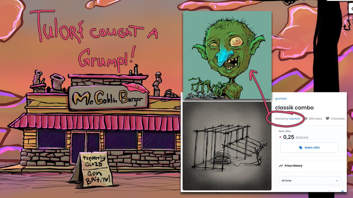 When everybody in <a href="/goblintown/">goblintown</a> was sound asleep, the smartest goblin of all, Tulorf, caught a Grumpl!
What happened with the <a href="/McGoblinBurger/">McGoblinBurger</a> that was used to bait this little Grumpl?
🧵Let me tell you: