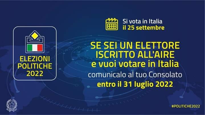 ItalyinZambia's tweet photo. #Politiche2022
🗳️Indette per #25settembre le elezioni politiche per il rinnovo delle Camere
❗️Se sei iscritto AIRE riceverai al tuo indirizzo di residenza il plico per votare.
Se vuoi votare in Italia, comunicalo al tuo Consolato entro il 31 luglio 2022!

#Aire https://t.co/VP0PJ28hJe