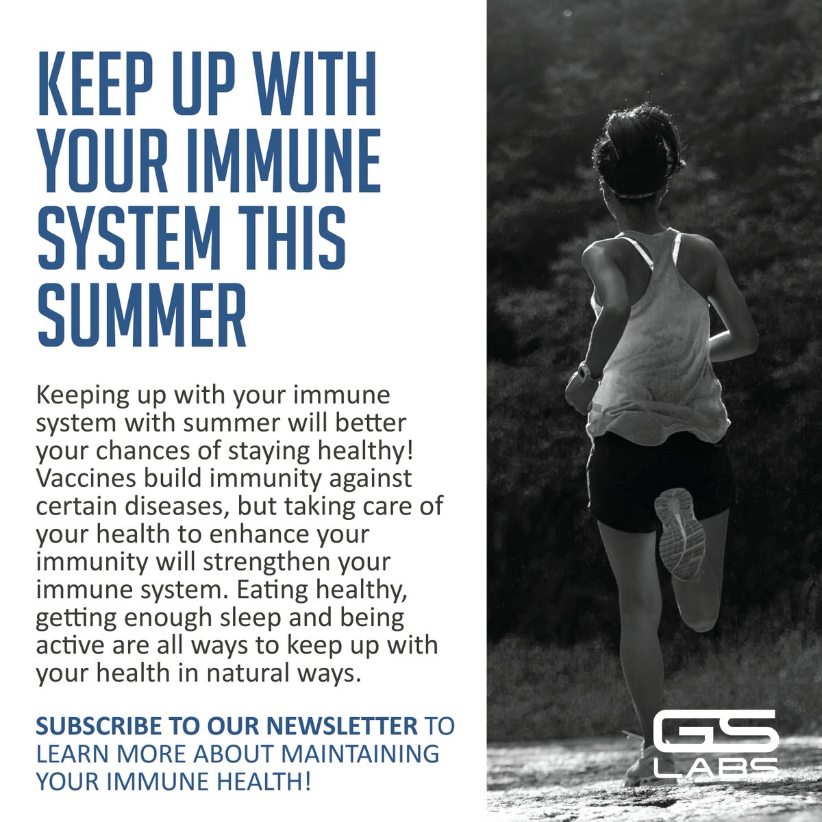 GSLabsTestingUS's tweet photo. Keeping up with your immune system will better your chances of staying healthy and avoiding COVID-19.

Some ways to do so include:
💙 Eating healthy
💙 Getting enough sleep
💙 Being active

In what ways will you be keeping up with your immune system this summer? ⬇️ https://t.co/Pssu38ZQ1f
