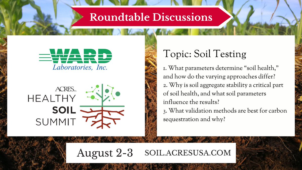 AcresUSA's tweet photo. Join the experts at @WardLabs for their Healthy Soil Summit Roundtable Discussion next week in Sacramento, CA. Theyβll be discussing the topic of Soil Testing. Learn more:
https://t.co/6f2gtaU5Vb
#acresusa #hss22 #healthysoilsummit #soilhealth #soiltest #soiltesting #wardlabs https://t.co/T0fPTwIb6B