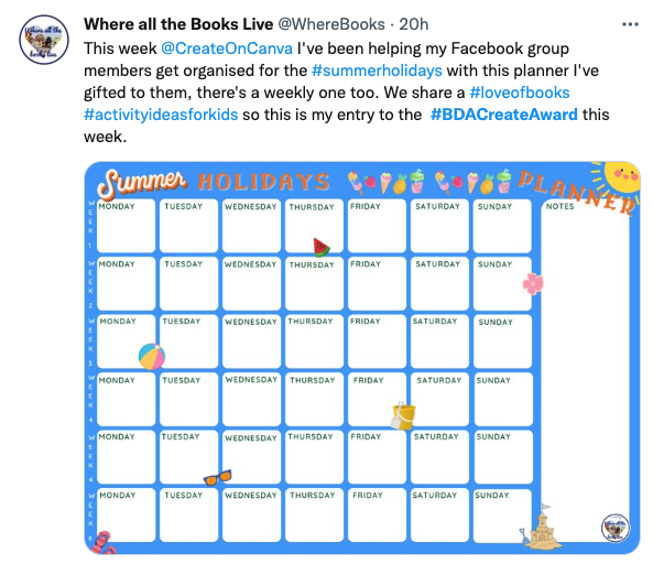 createoncanva's tweet photo. CONGRATULATIONS to this weeks #BDACreateAward winner @WhereBooks You have won this week with your brilliant holiday planner, A lot of work and thought has gone into this 😍  well done. Pop me a message with your email address &amp; I'll send over your winners badge 🥳 #createoncanva https://t.co/00VHaWNHoN