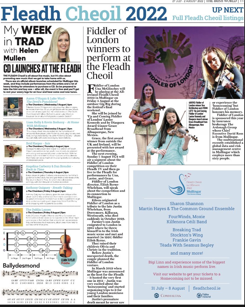 Thank you The Irish World for the feature this week. We’re looking forward to it. @fleadhcheoil @TradTG4 🎻