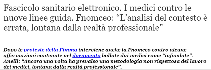 Ha ragione <a href="/anell_f/">filippo anelli</a> di <a href="/FNOMCeO/">FNOMCeO</a> nel ricordare che i medici tutti (non solo quelli di <a href="/FimmgNazionale/">FimmgNazionale</a>) non sono stati coinvolti nella stesura delle linee guida per il Fascicolo Sanitario Elettronico. Dov'è la co-creazione di cui parlano tutti? quotidianosanita.it/lavoro-e-profe… <a href="/QSanit/">Quotidiano Sanità</a>
