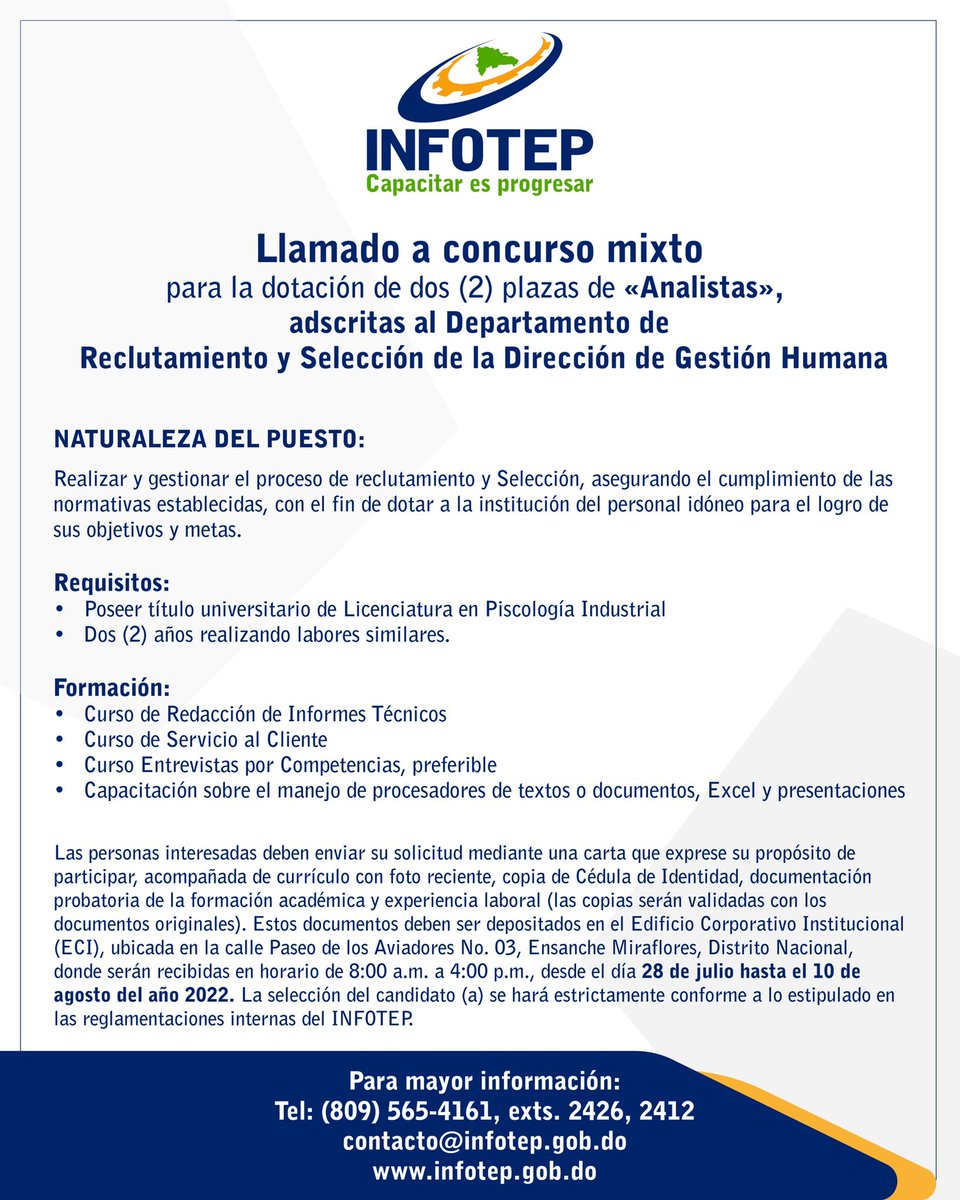 InfotepRD's tweet photo. Llamado a concurso mixto para la dotación de dos (2) plazas de «Analistas, adscritas al Departamento de Reclutamiento y Selección de la Dirección de Gestión Humana». https://t.co/UIdoQwXyGD