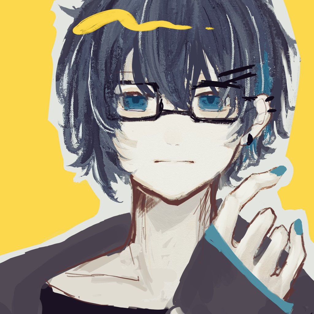 1boy male focus solo blue eyes glasses yellow background black hair  illustration images