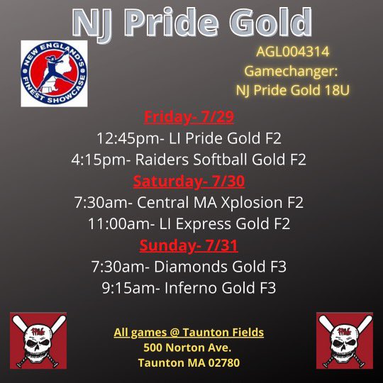 Alana Kimball 2023 (@_alanakimball) on Twitter photo NEF Exposure Camp✅
Here’s my team’s schedule for New England’s Finest starting tomorrow! @PrideCoachGriff <a href="/NJPrideGold/">NJ Pride Softball</a> NEF Exposure Camp✅
Here’s my team’s schedule for New England’s Finest starting tomorrow! @PrideCoachGriff <a href="/NJPrideGold/">NJ Pride Softball</a>