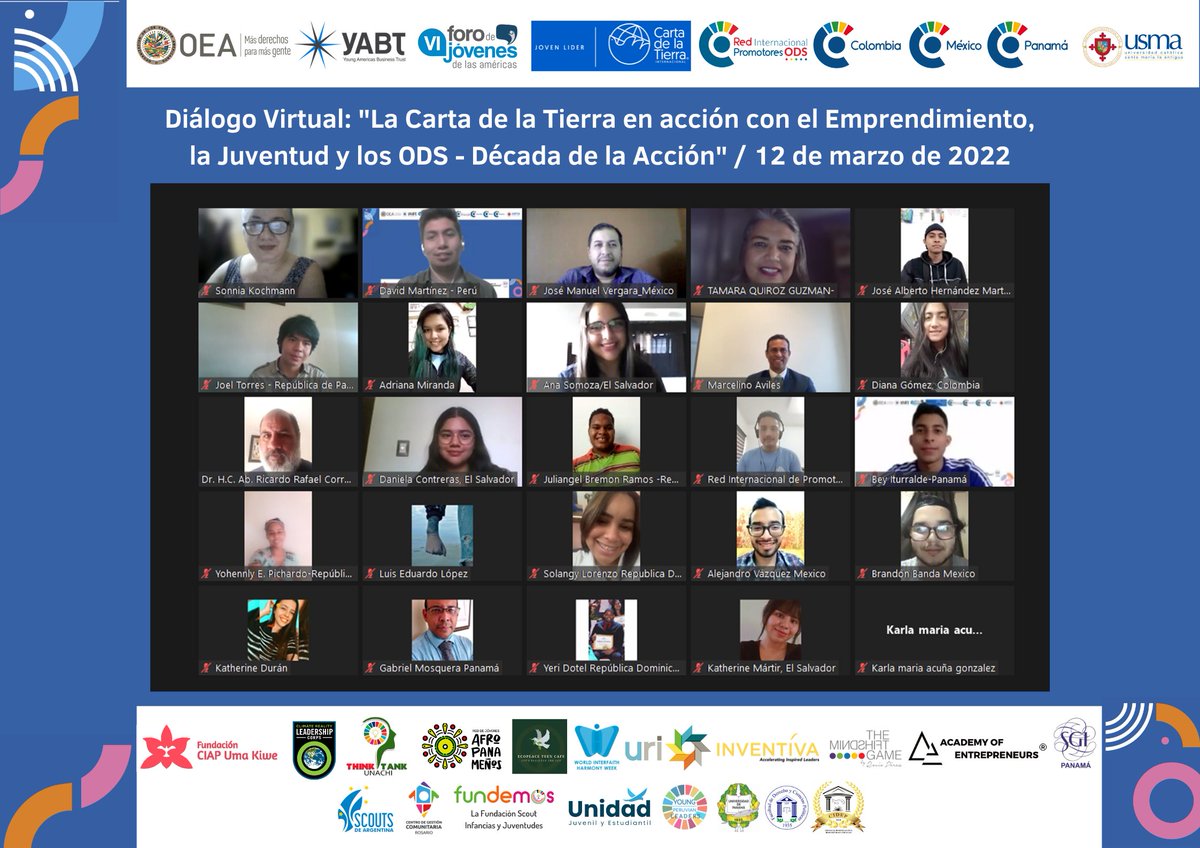 Revive los momentos del Diálogo Virtual de Juventud: "La Carta de la Tierra en Acción con el Emprendimiento, la Juventud y los ODS - Década de la Acción", realizado el 12 de marzo de 2022, en colaboración con #YABT y #OEA
#JóvenesEnLaCumbre
#YABTRIPOPanamá
🇦🇺🇦🇷🇧🇷🇨🇴🇮🇳🇲🇽🇳🇮🇵🇦🇵🇪🇻🇪