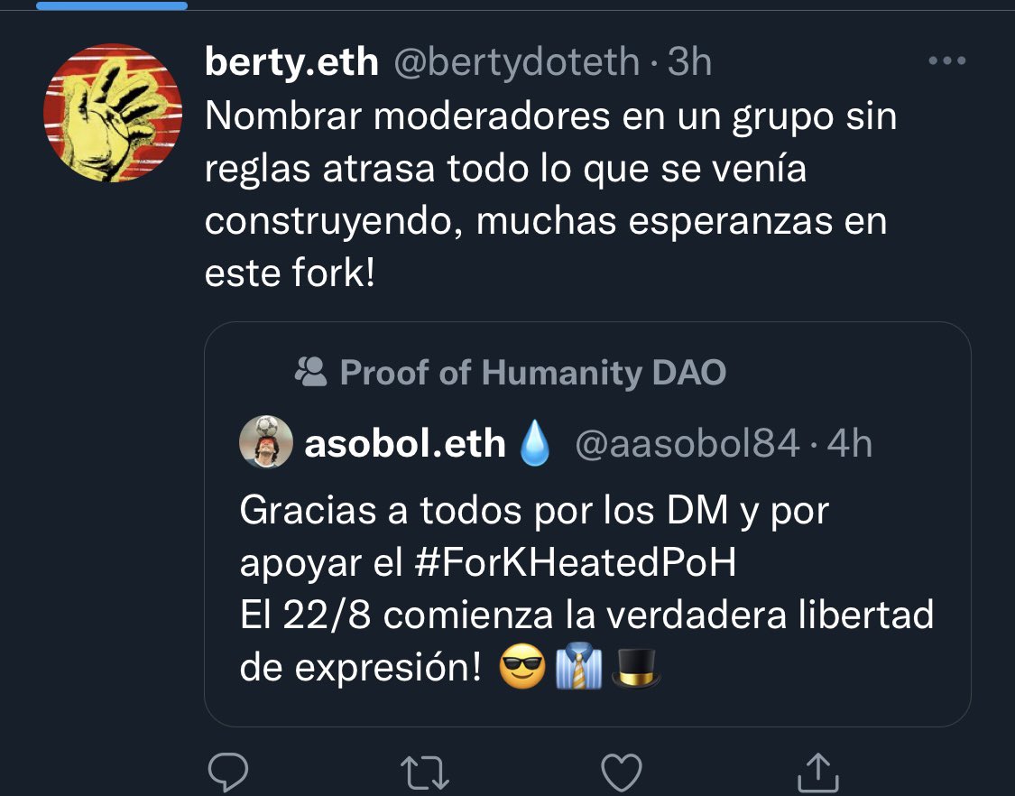 Lo bueno de que te sensuren en twitter es que “La internet nunca olvida”
<a href="/PoHDAOenespanol/">ProofOfHumanity.eth en Español</a> <a href="/PoHDAO/">ProofOfHumanity.eth 💧</a>   
Espero poder ser parte de la comunidad pronto y reivindicar la desentralizacion del poder.
