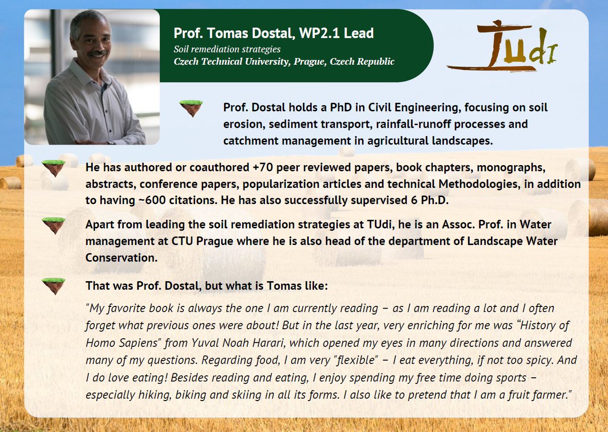 Project_TUdi's tweet photo. Prof. Tomas Dostal is the next TUdi researcher we are introducing! Apart from leading the #soil remediation strategies at TUdi, he is an Assoc. Prof. in Water management at CTU Prague where he is also head of the department of Landscape #Water #Conservation. #erosion #FaceTUdi https://t.co/7pudnWnb2Q