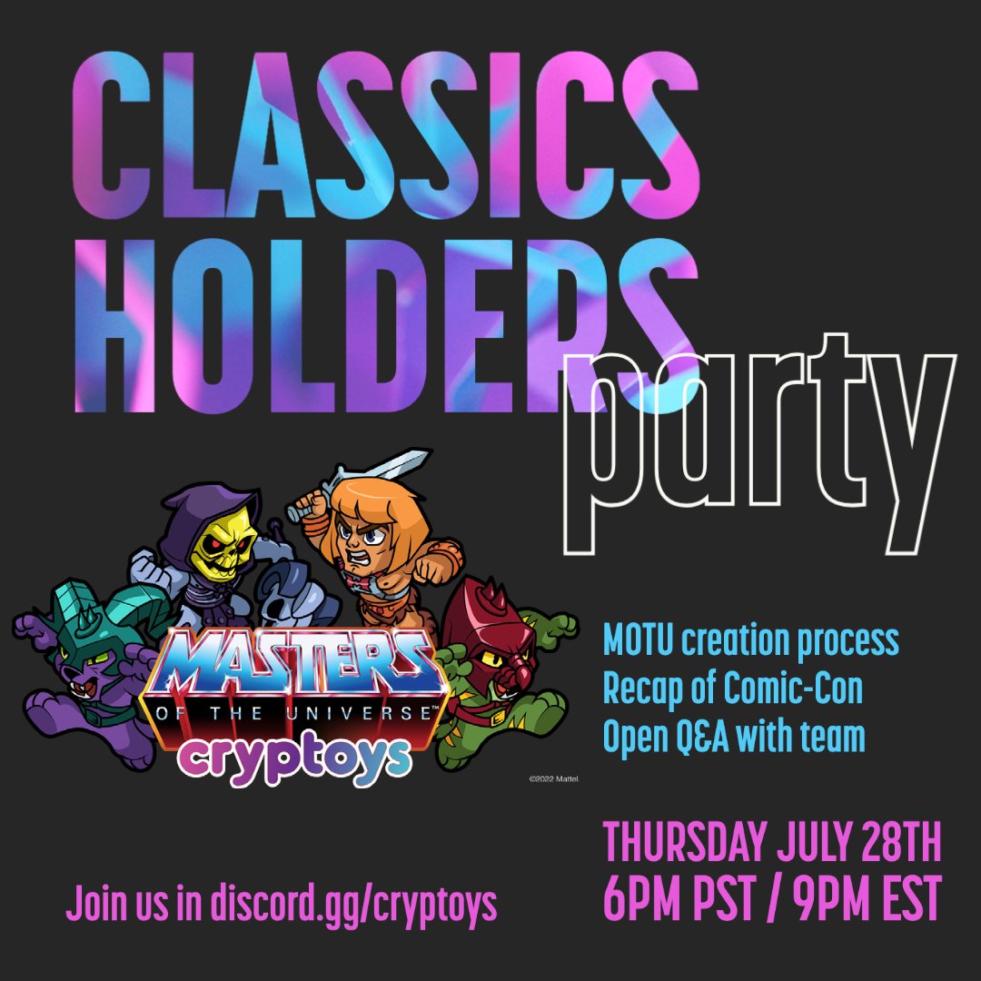 Digitoys's tweet photo. calling all #cryptoysclassics holders! our virtual party is tonight at 6pmPst/9pmEst

must be a verified classics holder to attend ✅

we'll be talking about the MOTU creation process, recapping Comic-Con, open q&amp;a with the team and more 🎉 https://t.co/cp8TOPbYux