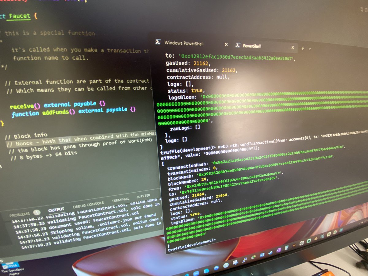 thedatabunny's tweet image. #100DaysOfCode
Day 5 - Solidity
Learned how to send funds from one wallet to another on #Ethereum using the #web3js library.
#web3 #webdevelopers #webdevelopment #smartcontracrs #blockchaindeveloper #blockchain