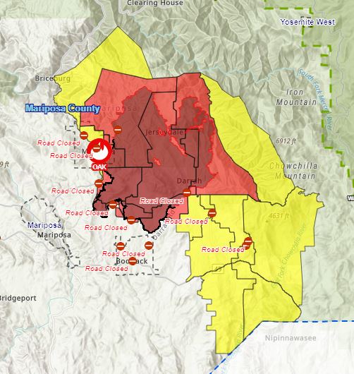 Southops puts the fire at 19,156 acres and 39% contained. There was active fire behavior overnight. Below is the current evacuation map with some areas being removed completely. 63 single residence structures have been destroyed. Only copters working the fire, no tanker
 #oakfire
