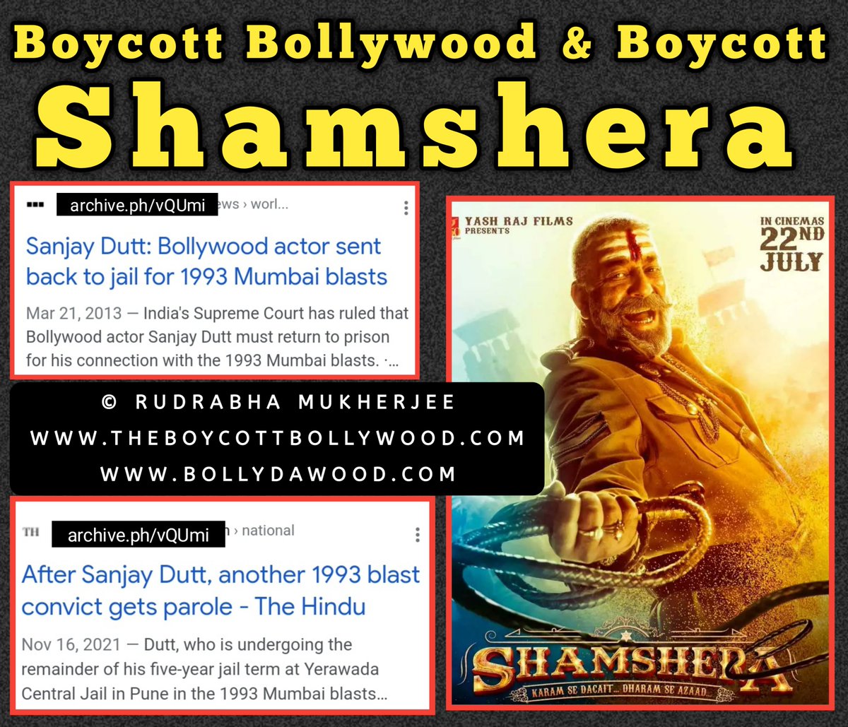 Sanjay (wrt. quoted tweet),

• Boycott #Bollywood
• #BoycottBollywood 
• Boycott #Shamshera 
• #BoycottShamshera 
• #BoycottbollywoodForever :)

Reason(s) 👇🏽👇🏾👇🏿