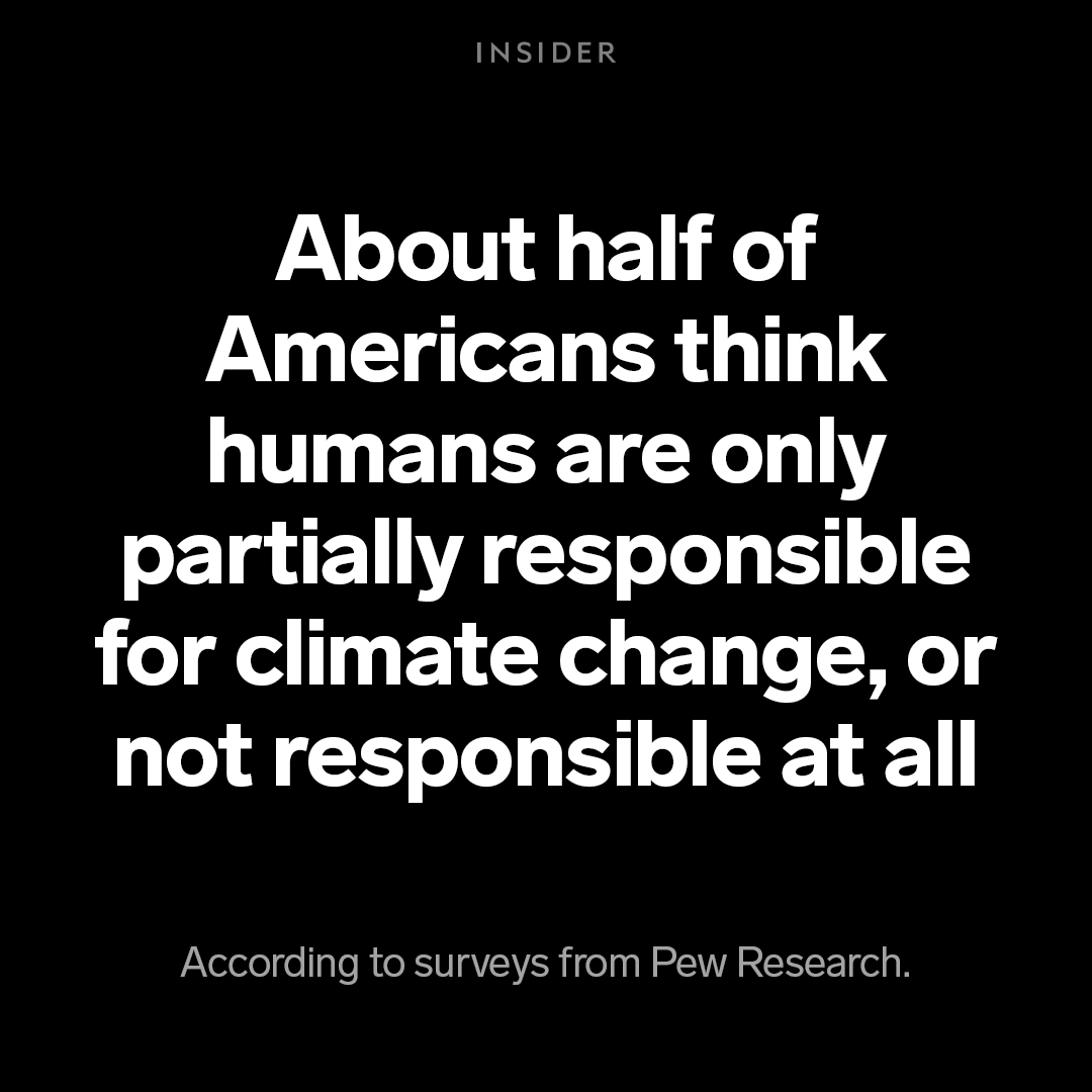 Text on a black background that says: "About half of Americans say humans are only partially responsible for climate change, or not at all, according to surveys from Pew Research."