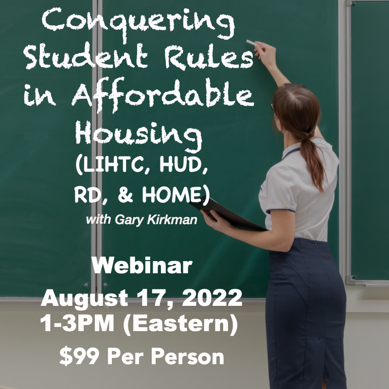 ushousing's tweet photo. Join Gary Kirkman in this two-hour webinar to review the student eligibility requirements applicable to each of the four major housing programs, LIHTC, HUD, Rural Development, and the HOME Program. 
https://t.co/OoRkZ707CE #ushousingconsultants https://t.co/Ox6V61TIsp