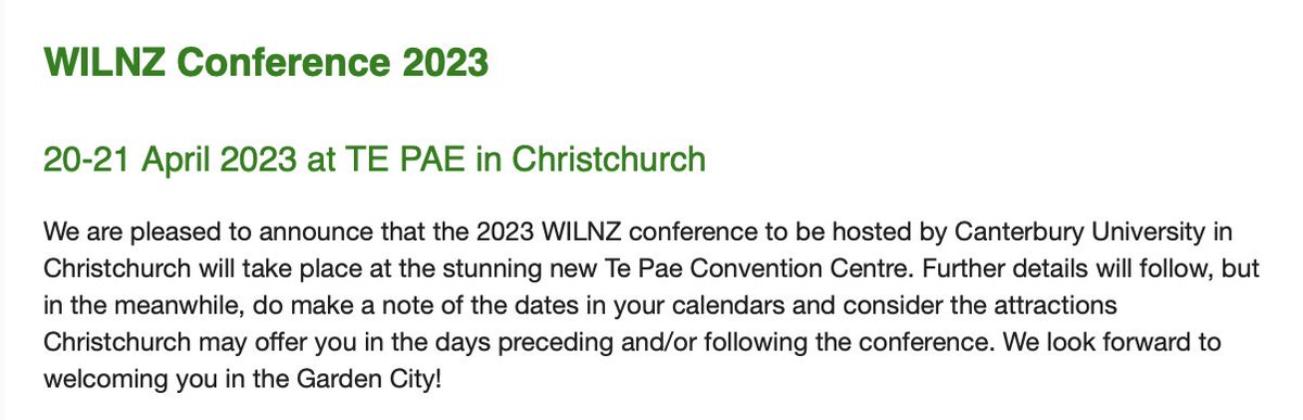 Planning ahead for 2023? Put the WILNZ international conference in your calendar April 20-21 Christchurch NZ