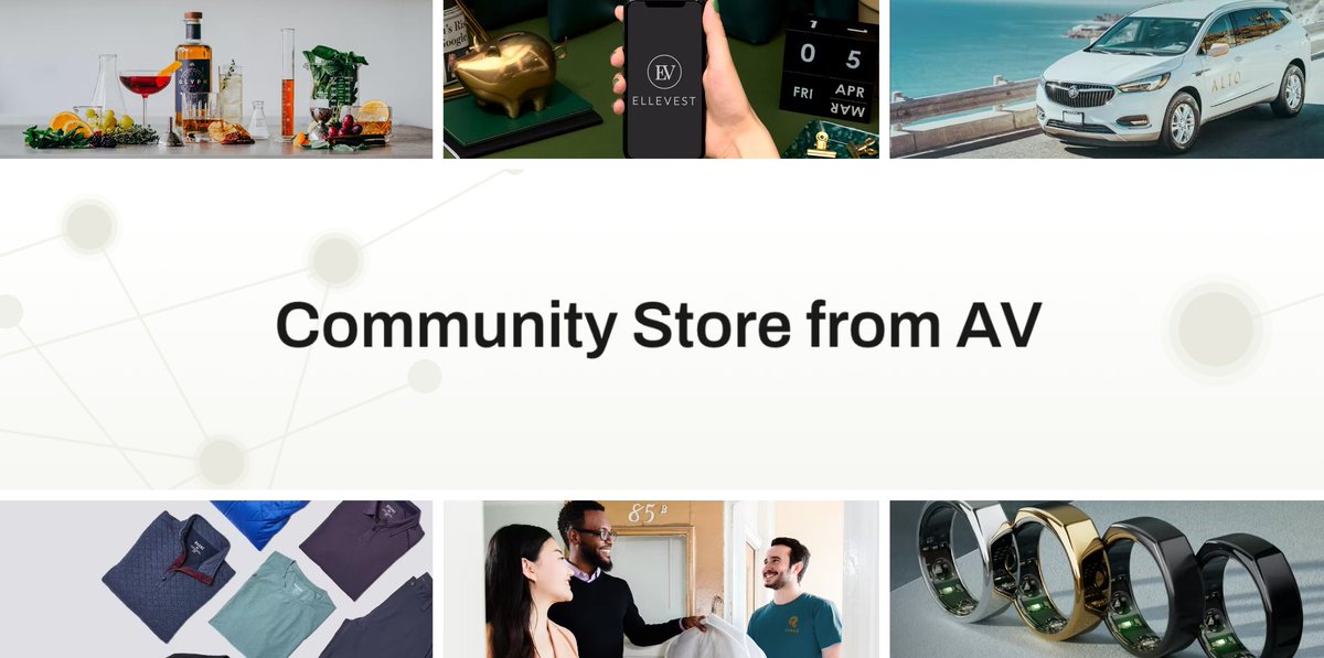 COMMUNITY BENEFITS. AV invests in 1K+ companies that offer things such as smart wearables like <a href="/ouraring/">ŌURA</a>, molecular spirits from <a href="/endlesswestco/">Endless West</a>, <a href="/RideAlto/">Alto</a>'a luxury rideshares, personal finance services through <a href="/Ellevest/">Ellevest</a>, and more. Explore the store: av-funds.com/3Jbsq5e