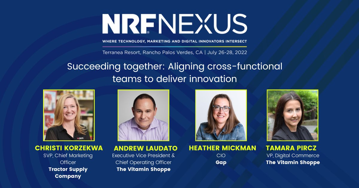 Up next at 2:15 p.m.: How to transform any tech, digital and #marketing team into an all-star cast with leaders from @TractorSupply, @VitaminShoppe and @Gap. #NRFNexus @AndrewLaudato @hmickman
