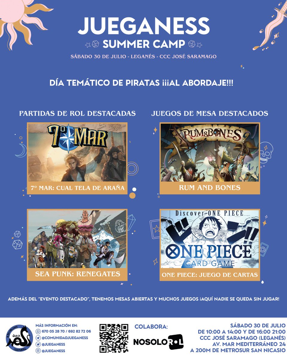 AJueganess's tweet photo. Cerramos julio con evento de piratas ¡AL ABORDAJE!
Este sábado encontrarás partidas de #rol de #7mar y #SeaPunk entre otras
y #JuegosDeMesa como #RumAndBones y #OnePieceTCG
Gracias a @Nosolorol por colaborar y apoyar el rol y a las asos
¿Te vienés a jugar? 🏴☠️🐦
@AytoLeganes https://t.co/FV06Wh2ojF