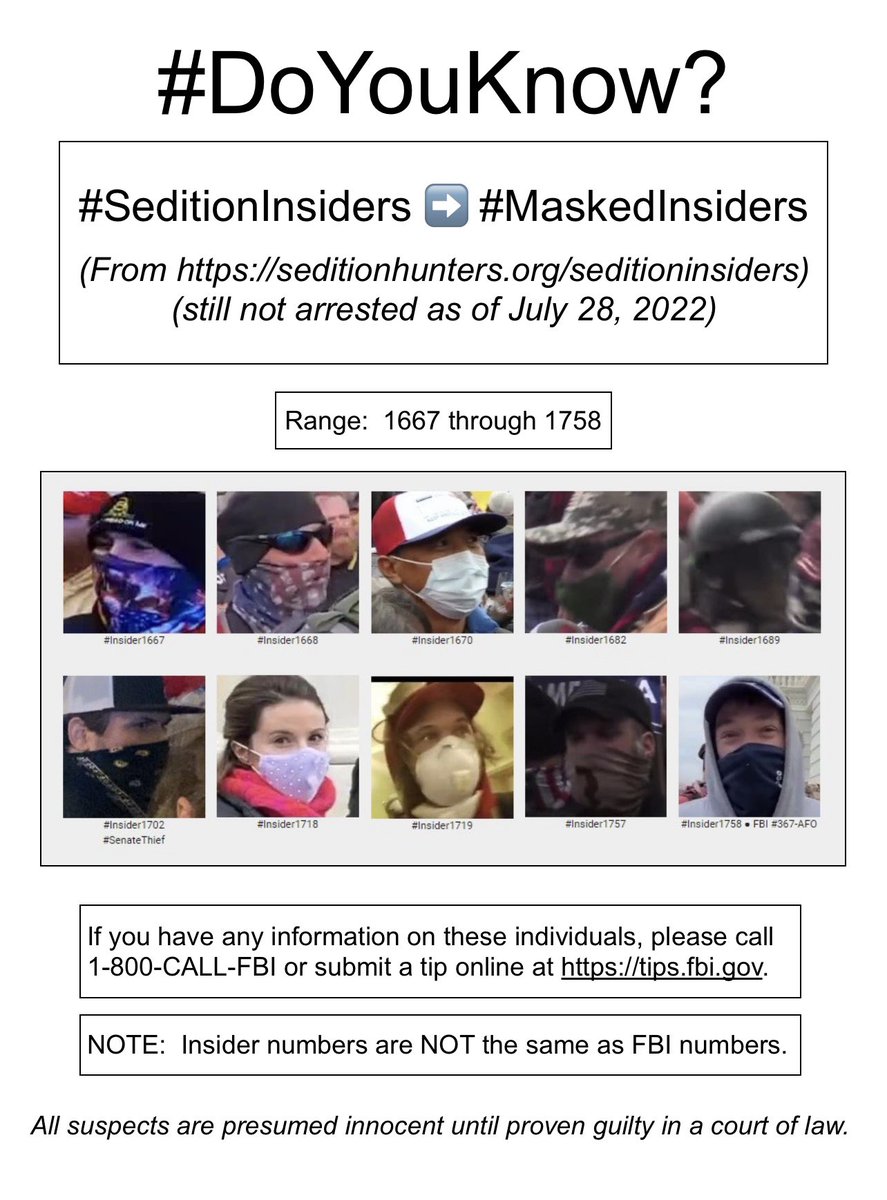 #SeditionHunters

🧵10/

#SeditionInsiders ➡️ #MaskedInsiders

(1667-1758)

#Insider1667
#Insider1668
#Insider1670
#Insider1682
#Insider1689
#Insider1702(#SenateThief)
#Insider1718
#Insider1719
#Insider1757
#Insider1758(#FBI367)(#SkiJumpHoodie)

Link: seditionhunters.org/seditioninside…