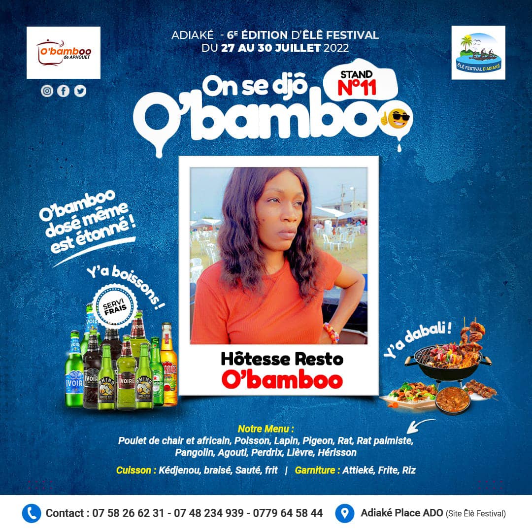 Adiake24's tweet photo. Êlè Festival 2022 
O’bamboo d'Aphouet toute notre équipe se met… en quatre !… pour vous servir des mets de qualité, avec efficacité, dans la joie et la bonne humeur. Retrouvez - nous au STAND N°11. 
Contacts : 07 58 26 62 31 - 07 48 234 939 - 0779 64 58 44 #adiake24 
@Adiake24 https://t.co/KBfvFaUvgM
