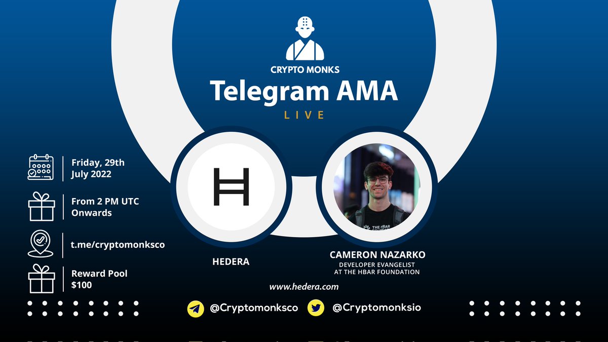 🥳 We're honoured to announce our next AMA about HEDERA ⌚️ When: 29th July at 2:00 PM UTC 🏛 Where: t.me/CryptoMonksCo 📈 Prize pool: 100$ ➰ Follow @CryptoMonksio & @hedera ➿ Like, rt and post your questions below