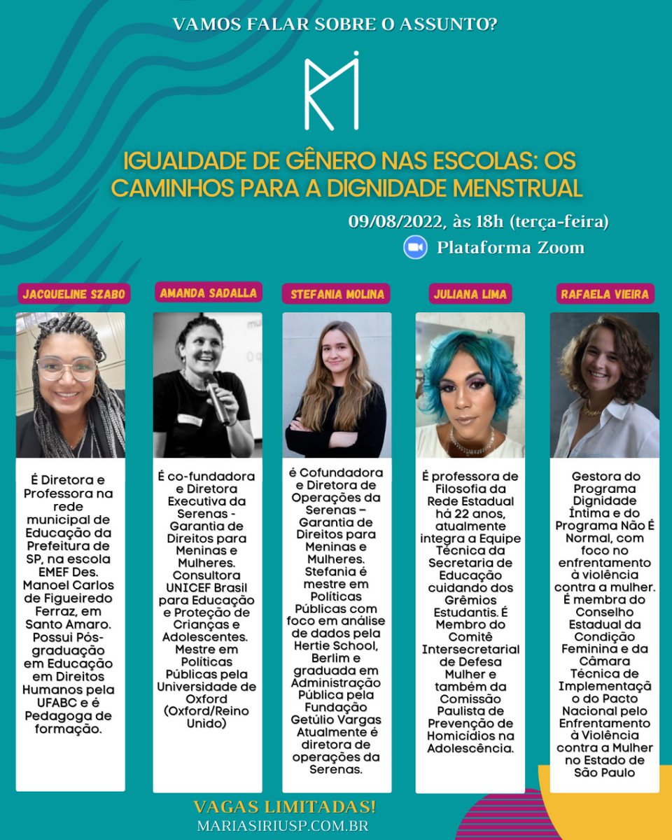 No dia 09 de agosto as MaRIas IRI-USP, Grupo de Pesquisa em Gênero de Relações Internacionais do Instituto de Relações Internacionais da Universidade de São Paulo, organizam a Roda de Conversa sobre dignidade menstrual nas escolas. 
Link: lnkd.in/d8c2WkZN