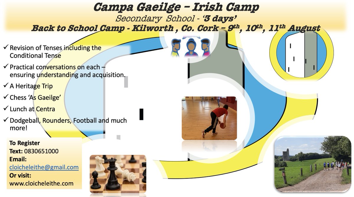 GcLeithe's tweet photo. A chairde, 
3 day *Back to School Camp*. 
⌚️9am - 2pm
9th, 10th and 11th of August 2022 - Kilworth Community Hall!
- Ideal for Secondary Students looking to sharpen up!
Text: 0863487879 or 0830651000 for info or register here 👇
Bígí linn! #MicrosoftForms https://t.co/KLWqaVlUuA https://t.co/vg2tIUC7hP