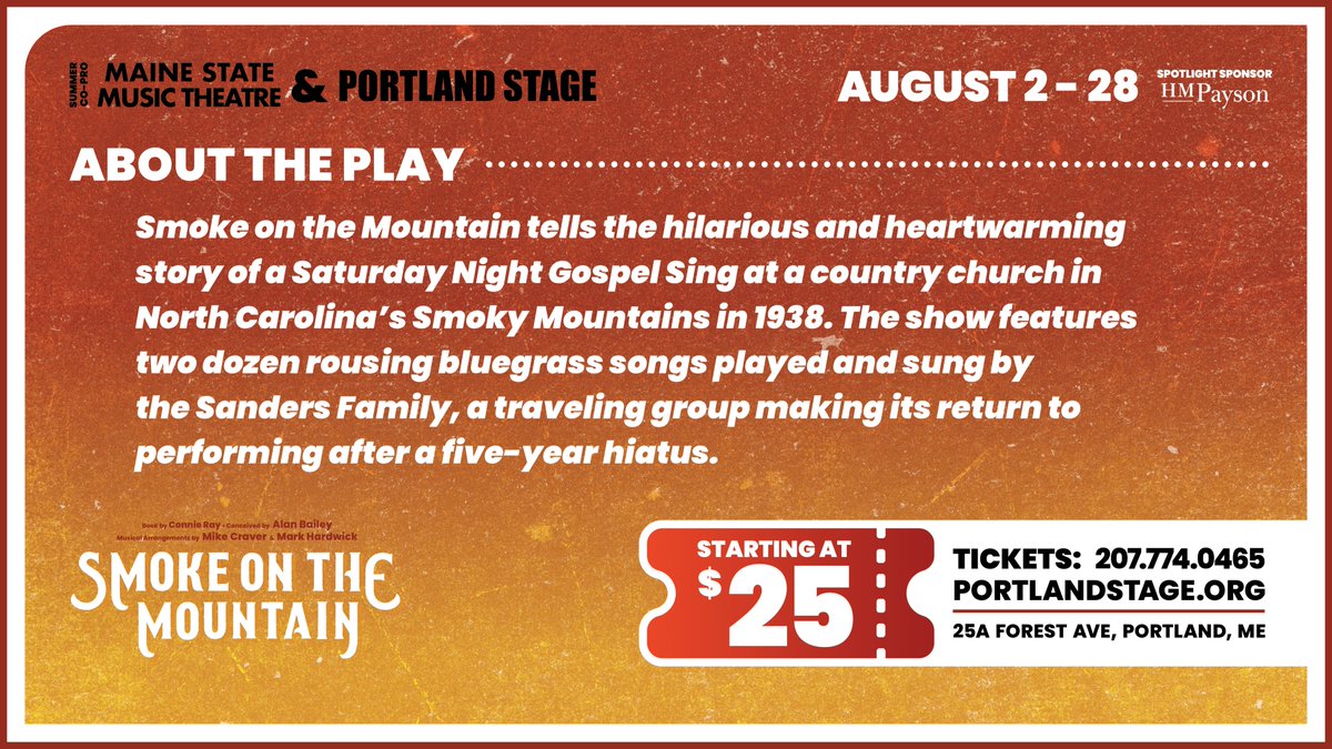 Curious about our Summer co-production with Maine State Music Theatre? Here's a glimpse about the musical performance that will be live on our stage. Learn more on our website! #theater #maine
Buy Tickets: portlandstage.org/show/smoke-on-…