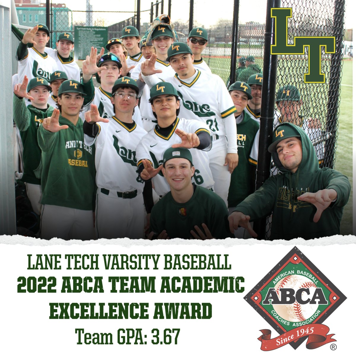 LTBaseball's tweet photo. Lane Tech Varsity Baseball is honored to receive a 2021-22 ABCA Team Academic Excellence Award. Proud of our student-athletes for their hard work on the field and in the classroom. https://t.co/28m1jeJjUO