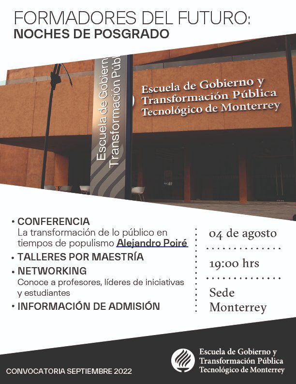 🎤 Te invitamos a la conferencia "La transformación de lo público en tiempos de populismo" de <a href="/AlejandroPoire/">Alejandro Poiré</a>.

¡Agéndalo aquí! bit.ly/3ITb6SC 👈

📅 4 de agosto
🕖 19 hrs. 
📍 Sede Monterrey

#FormamosElFuturo
#SomosEGobiernoyTP