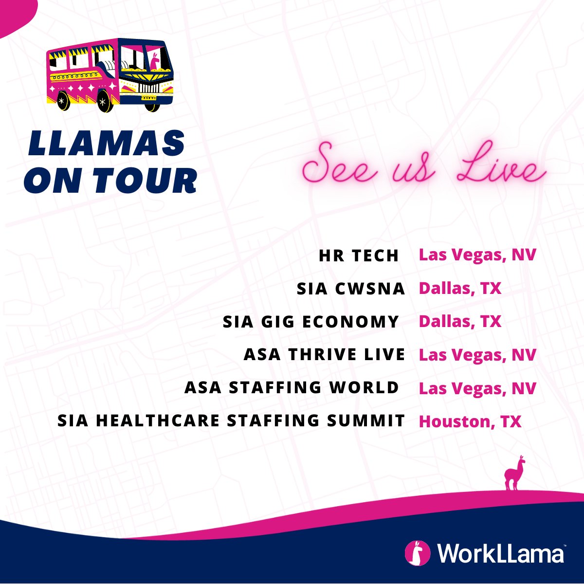 Beep Beep. You may have seen our recent posts about all the places we will be this fall. Here's our #llamasontour list where we'll be speaking, sponsoring, networking, and hanging out in our exclusive #LLamaLounge. We can't wait to see you!