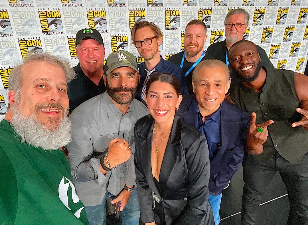 The world premiere of 'Green Lantern: Beware My Power' at #SDCC22 (left to right) moderator Gary Miereanu, Ernie Altbacker, actors Brian Bloom, Jimmi Simpson, Jamie Gray Hyder, director Jeff Wamester, Me, executive producer Butch Lukic and actor Aldis Hodge. What an amazing day!