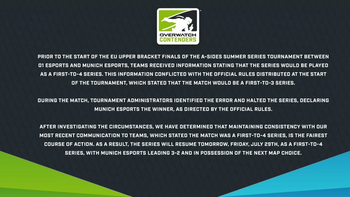 Prior to the start of the EU Upper Bracket Finals of the A-Sides Summer Series tournament between 01 Esports and Munich eSports, teams received information stating that the series would be played as a first-to-4 series. This information conflicted with the official rules distributed at the start of the tournament, which stated that the match would be a first-to-3 series.

During the match, tournament administrators identified the error and halted the series, declaring Munich eSports the winner, as directed by the official rules.

After investigating the circumstances, we have determined that maintaining consistency with our most recent communication to teams, which stated the match was a first-to-4 series, is the fairest course of action. As a result, the series will resume tomorrow, Friday, July 29th, as a first-to-4 series, with Munich eSports leading 3-2 and in possession of the next map choice.