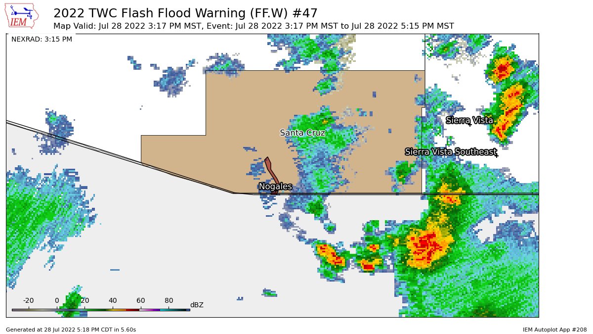 KVOAWeather's tweet image. TWC issues Flash Flood Warning [flash flood: radar and gauge indicated, flash flood damage threat: considerable] for Santa Cruz [AZ] till Jul 28, 5:15 PM MST mesonet.agron.iastate.edu/vtec/f/2022-O-…