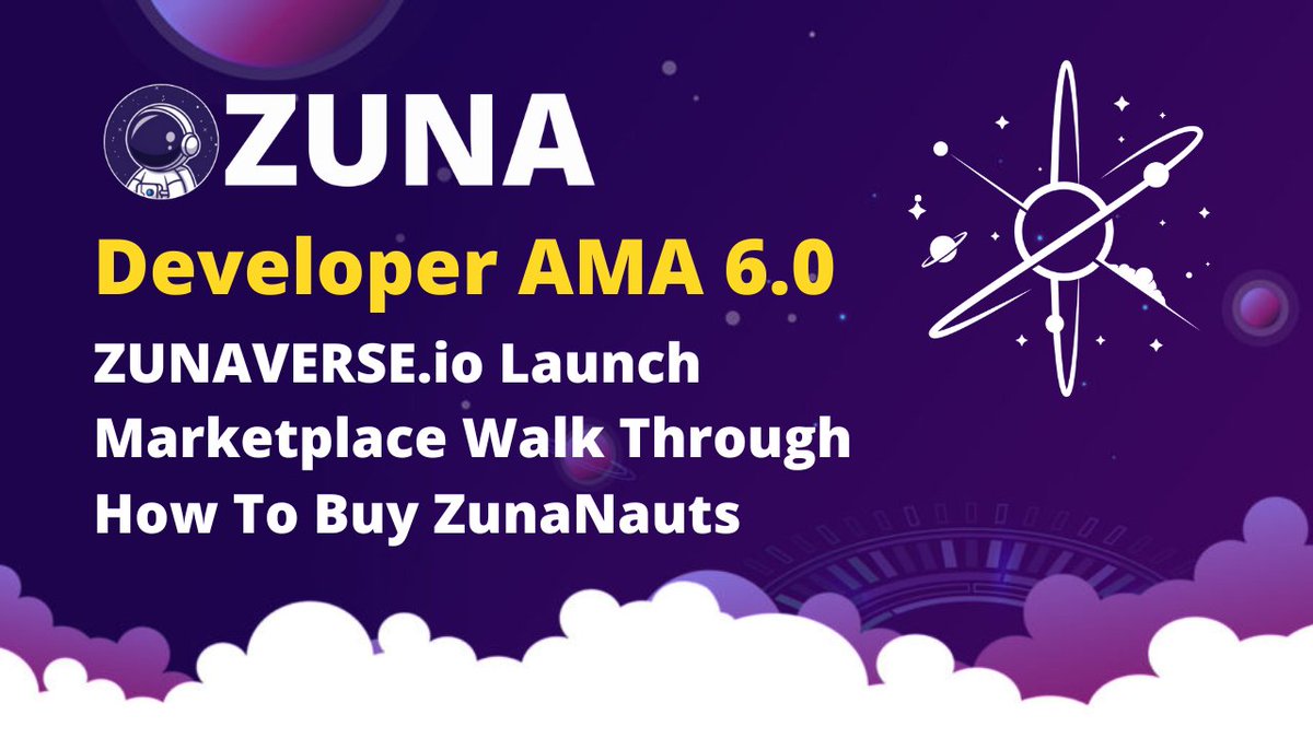 zunacoin's tweet image. It's time! Join us for 6th AMA as we go over all the details you need to know for our NFT Collection + NFT Marketplace Launch! 🚀

When: Jul 28, 2022 9:30pm ET / 6:30pm PST

Where: us02web.zoom.us/j/89662797257

#NFTdrop #NFTMarketplace #zunacoin