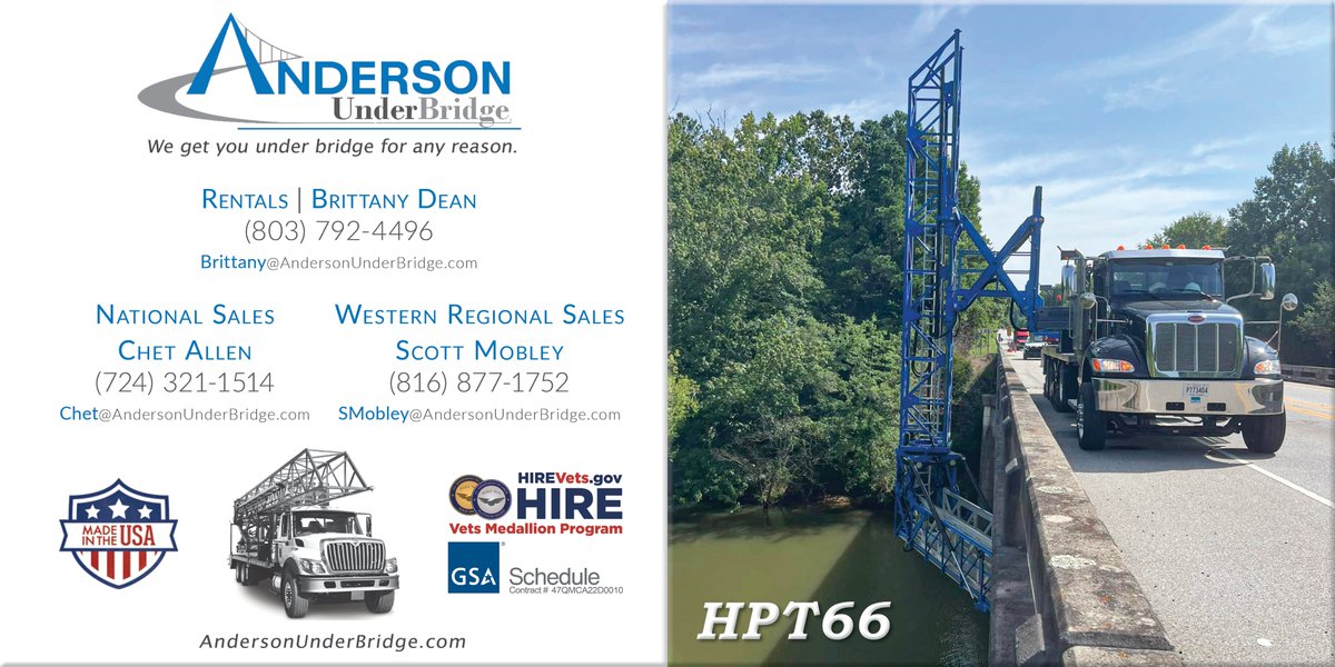 Anderson_UB's tweet photo. At #AndersonUnderBridge, we designed the #HPT66 to be large enough for mega bridges, yet nimble enough for small spans. Statewide contracts involve serving urban &amp; rural areas, so each #HydraPlatform is versatile enough to deliver safe #UnderBridgeAccess wherever you’re working. https://t.co/wbRMcVUSrV