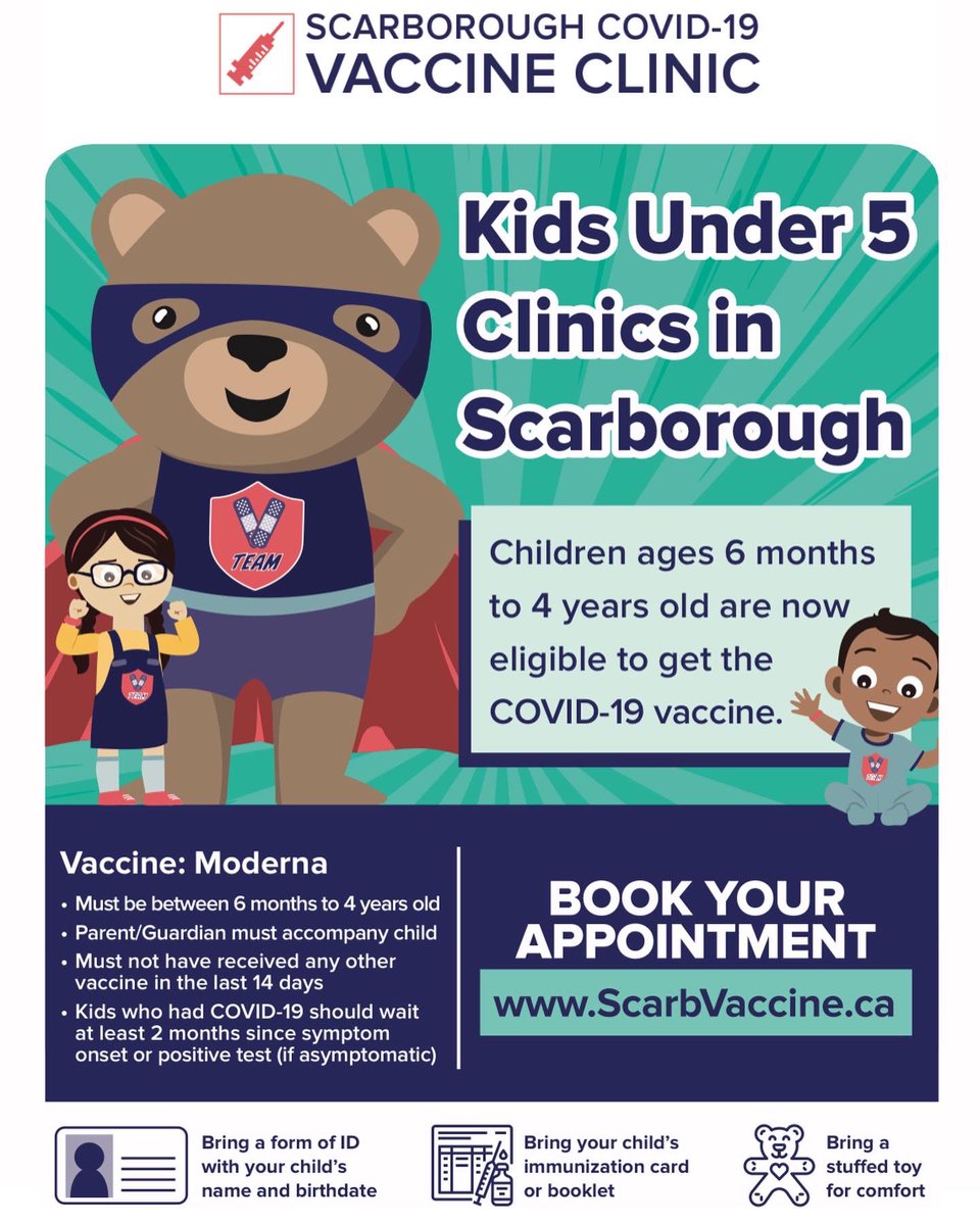 The Pediatric Moderna Vaccine is now approved for children between 6 months & under 5 years @SHNcares Book an appointment at ScarbVaccine.ca or visit the Clinic at Parkway Mall open Fridays 12-6pm. This is the only COVID-19 Vaccine authorized in Canada for this age group.