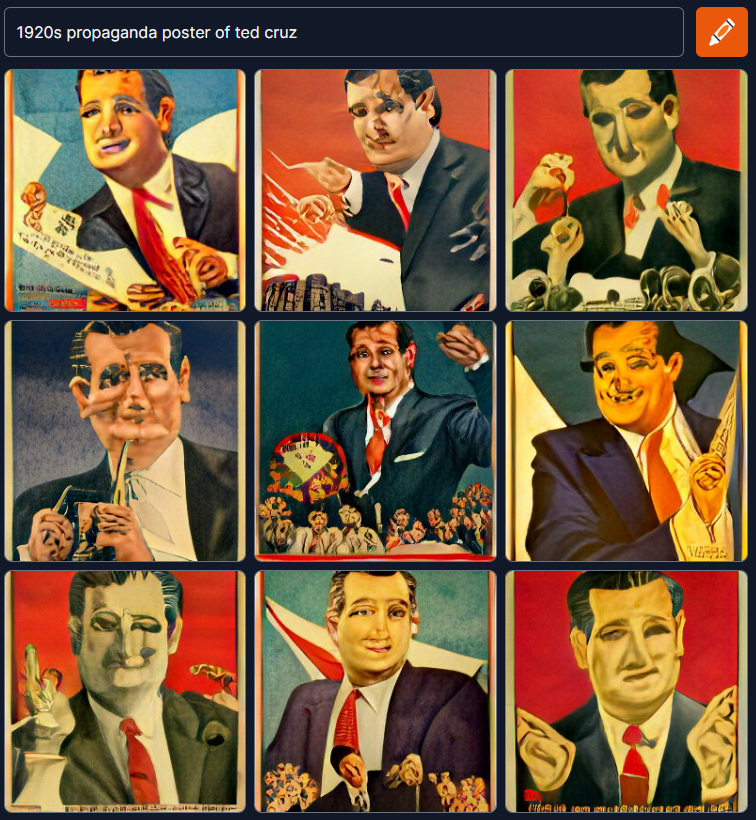 CursedDallEGens's tweet photo. 1920's propaganda poster of @tedcruz. #dalle #weirddalle #dallemini #craiyon #curseddalle #tedcruz #propaganda #generativeart https://t.co/03GSd8kbkz
