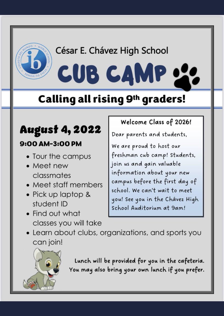 It’s that time of year again!!
Join us at this years Cub Camp for a seek peek of the 2022-2023 school year .